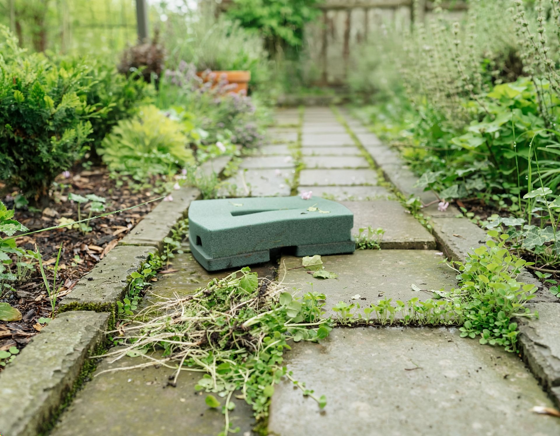 Gartenweg mit Wildkraut, das nach dem Jäten am Rand liegt