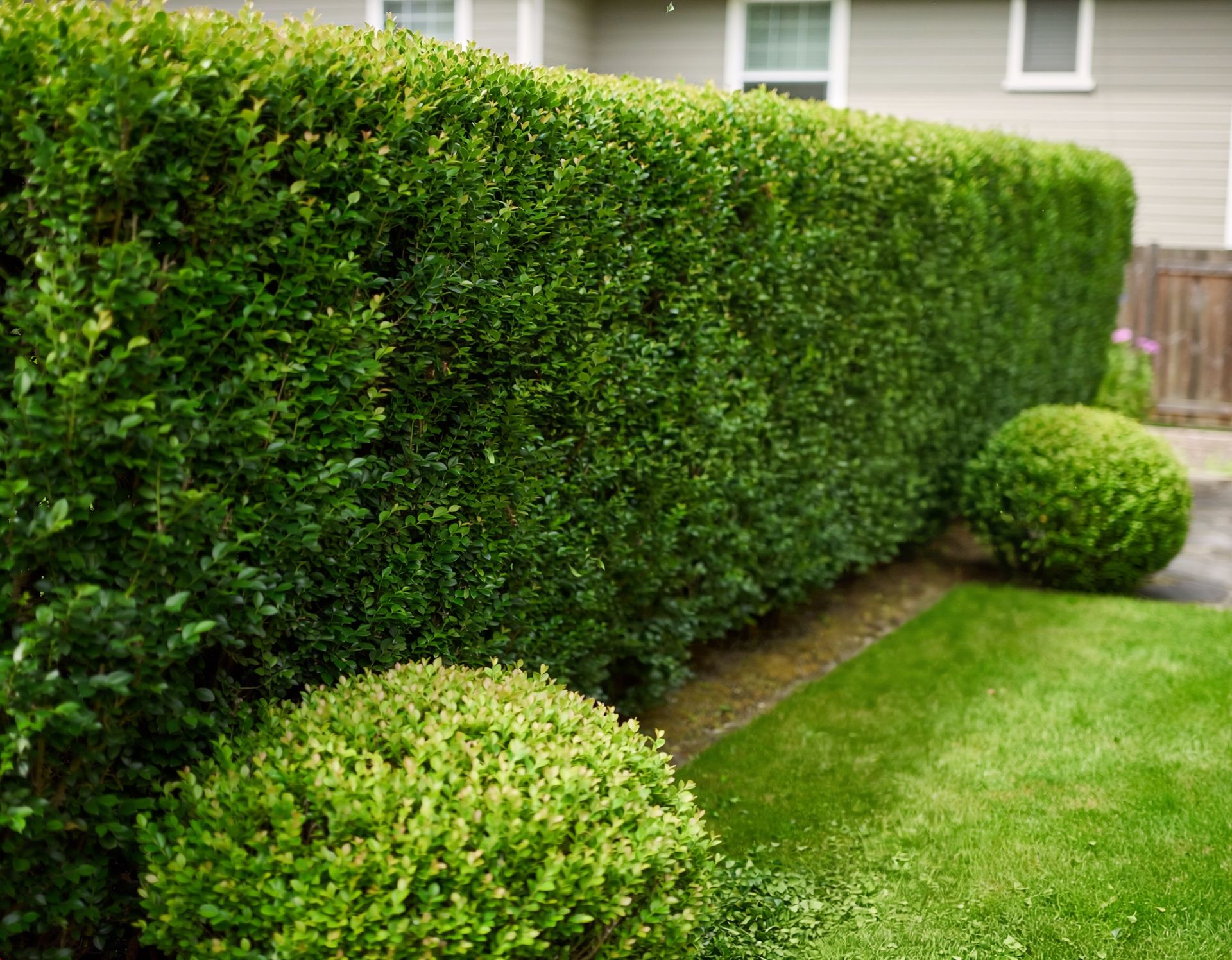 Sauber geschnittene, gerade Hecke entlang eines gepflegten Rasens