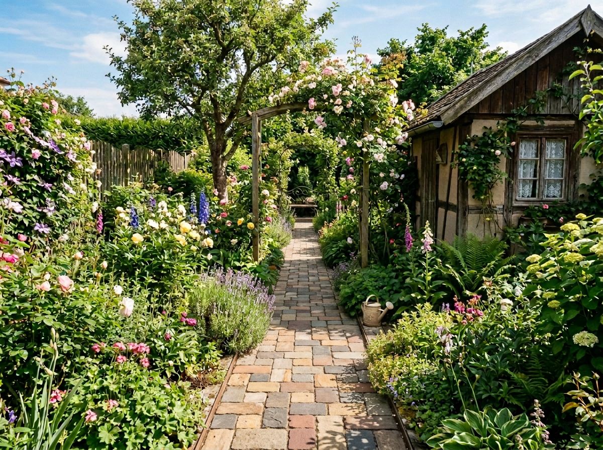 Pflasterweg aus bunten Steinen führt durch einen blühenden Rosengarten zu einem Gartenhaus
