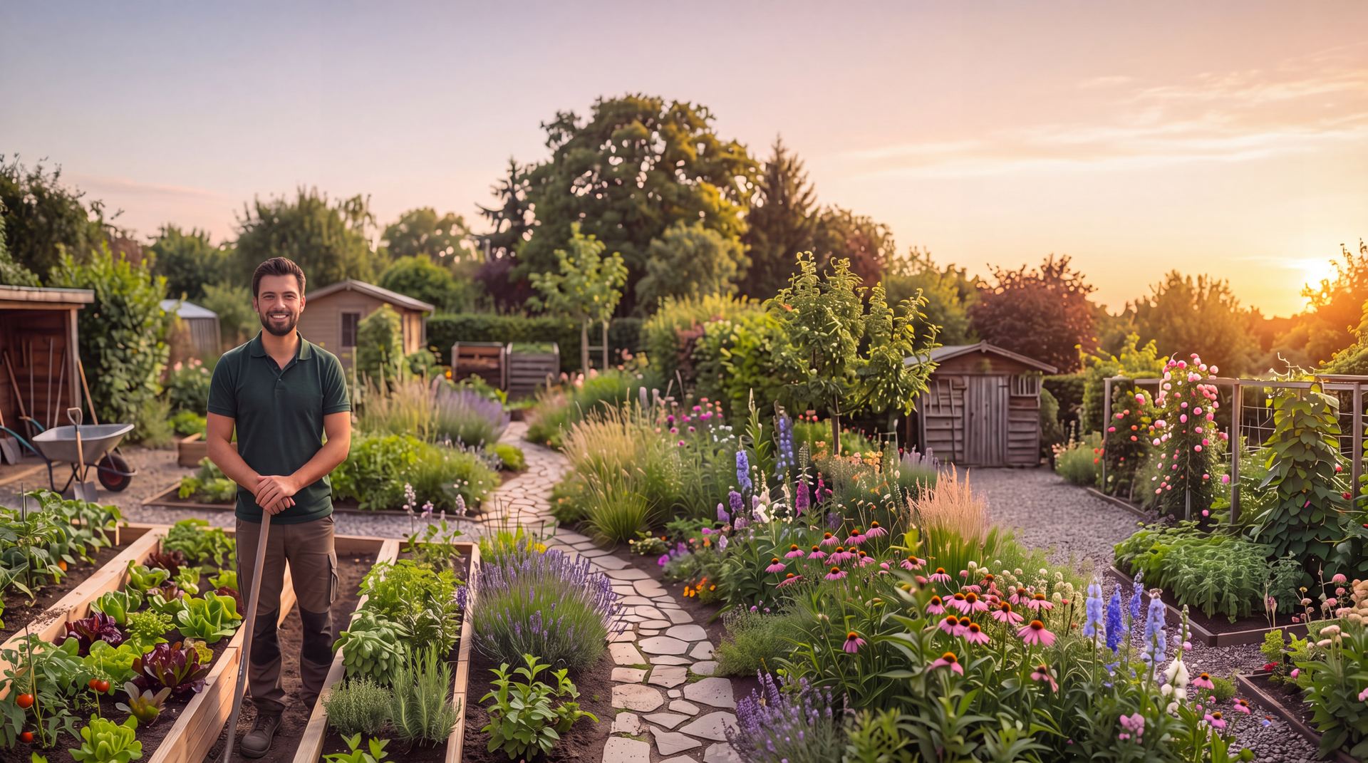 Gärtner in einem naturnahen, blühenden Garten bei Sonnenuntergang